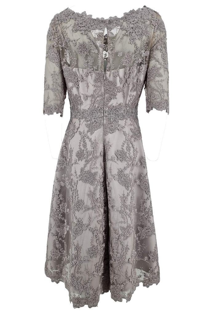 John Charles 26633 Pearl Grey Lace A-Line Midi Occasion Dress - Fab Frocks Boutique