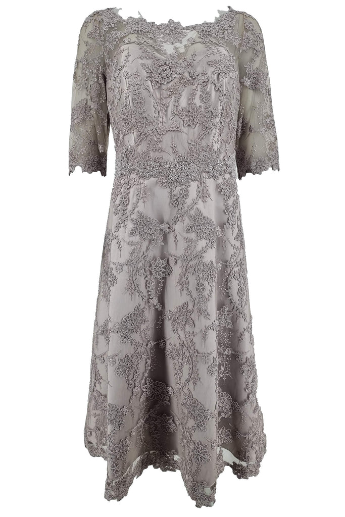 John Charles 26633 Pearl Grey Lace A-Line Midi Occasion Dress - Fab Frocks Boutique