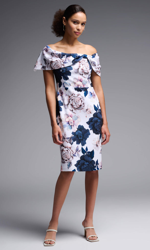 Joseph Ribkoff 231745 Vanilla Navy Floral Print Bardot Occasion Dress - Fab Frocks