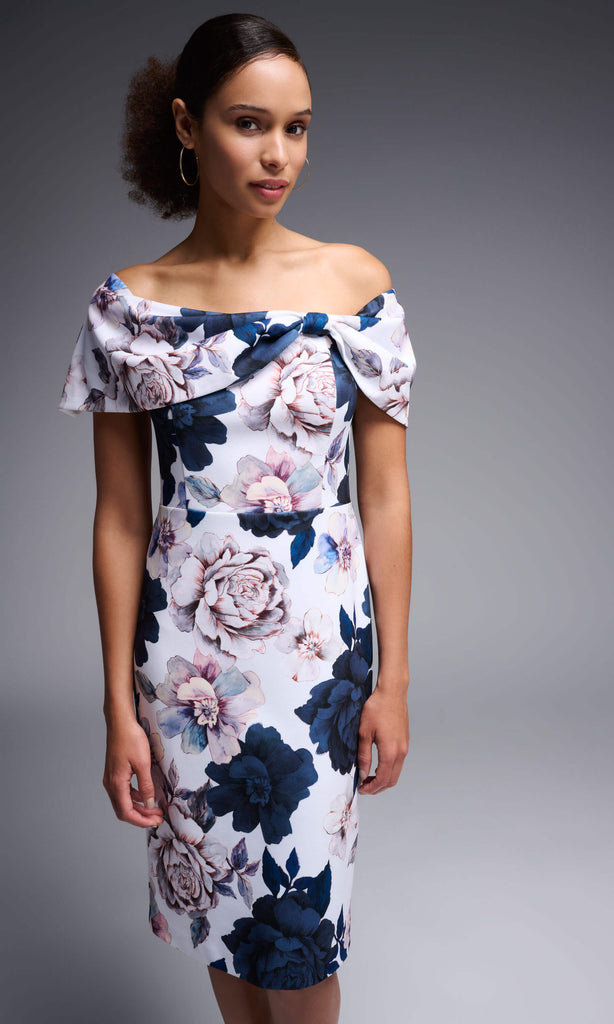 Joseph Ribkoff 231745 Vanilla Navy Floral Print Bardot Occasion Dress - Fab Frocks
