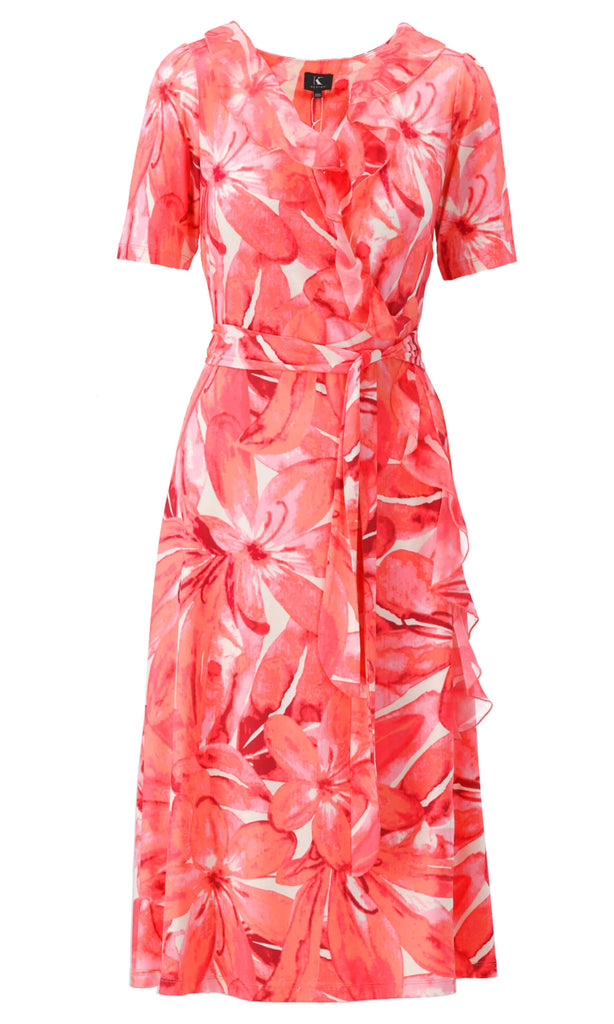 K-Design U209 Coral Print Dress With Frill - Fab Frocks