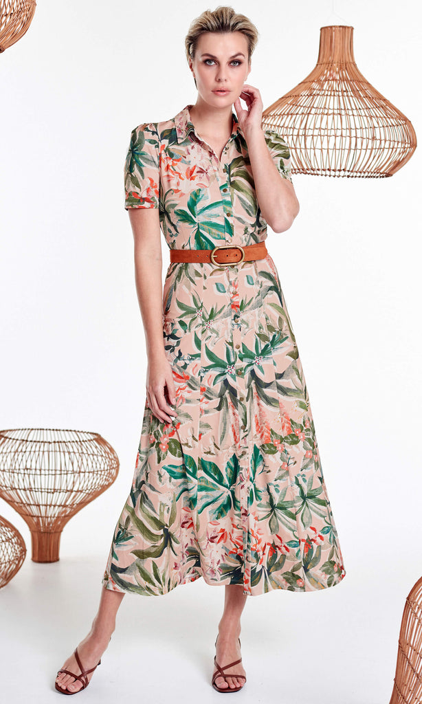 K-Design U879 Green Peach Floral Shirt Style Dress & Belt - Fab Frocks