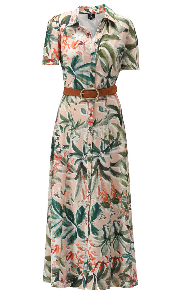 K-Design U879 Green Peach Floral Shirt Style Dress & Belt - Fab Frocks