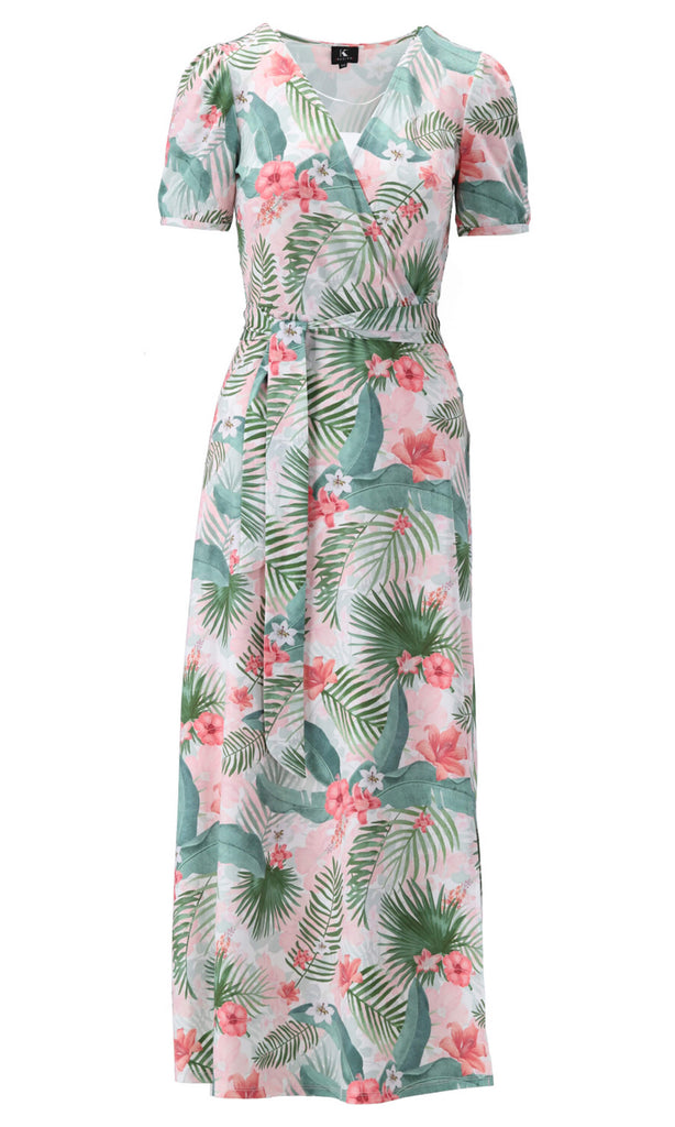 K-Design U888 Green Palm Print Wrap Style Midi Dress - Fab Frocks
