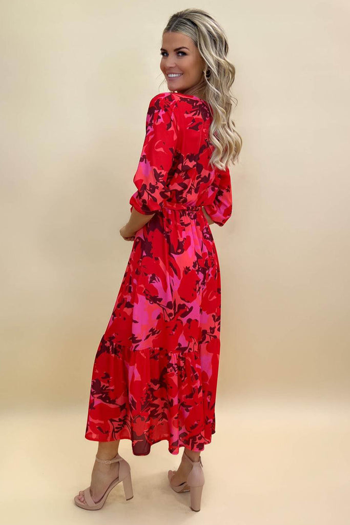 Kate & Pippa Boho Red Pink Print Midi Dress - Fab Frocks Boutique