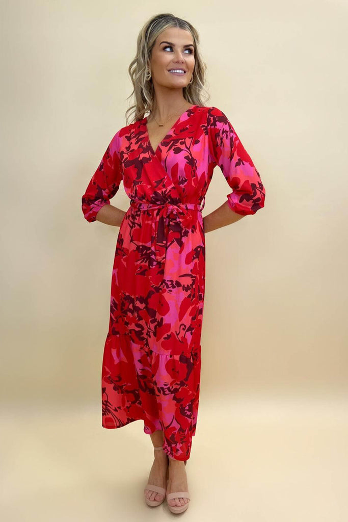 Kate & Pippa Boho Red Pink Print Midi Dress - Fab Frocks Boutique