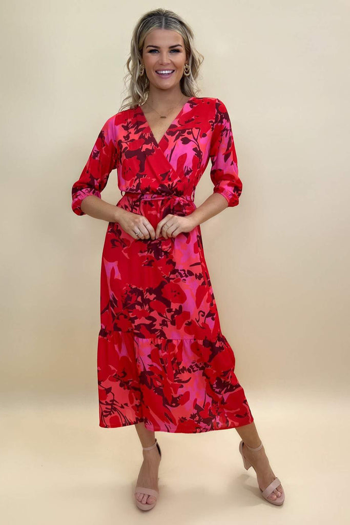 Kate & Pippa Boho Red Pink Print Midi Dress - Fab Frocks Boutique