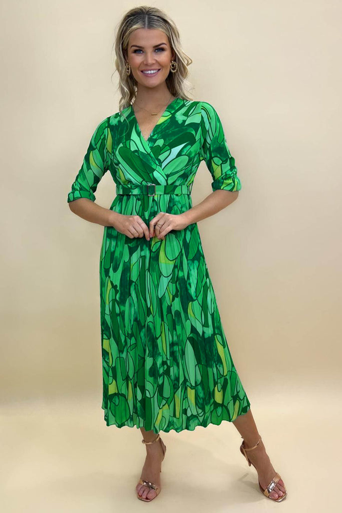 Kate & Pippa Postiano Green Print Pleat Midi Dress - Fab Frocks Boutique