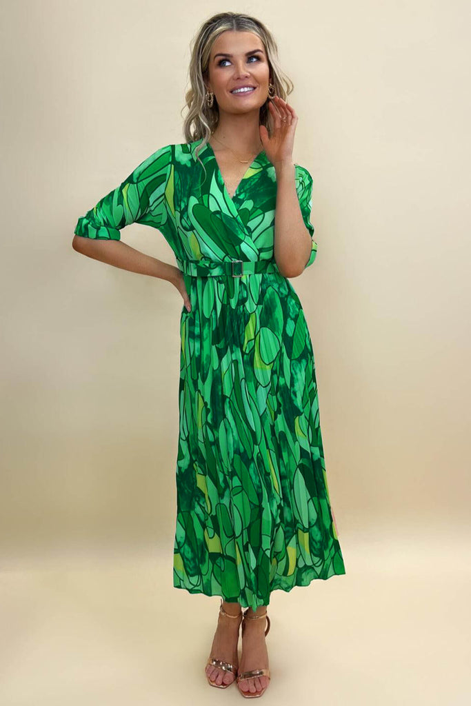 Kate & Pippa Postiano Green Print Pleat Midi Dress - Fab Frocks Boutique