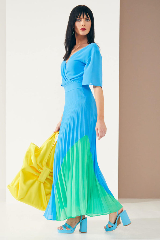 Kate Cooper 136 Blue Green Pleat Maxi Dress With Sleeves - Fab Frocks Boutique