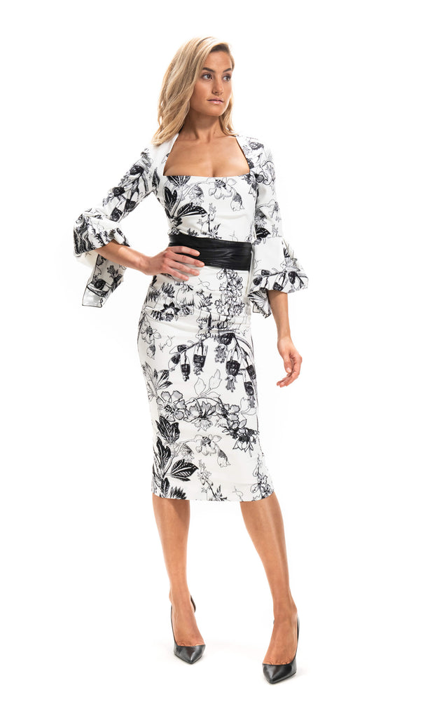 Kevan Jon Claudia White Black Knee Length Scuba Dress - Fab Frocks