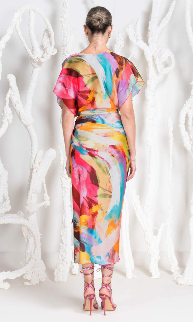 Kevan Jon Emmie Pink Multicolour Abstract Satin Occasion Dress - Fab Frocks Boutique