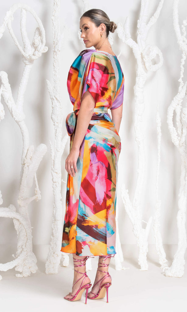 Kevan Jon Emmie Pink Multicolour Abstract Satin Occasion Dress - Fab Frocks Boutique