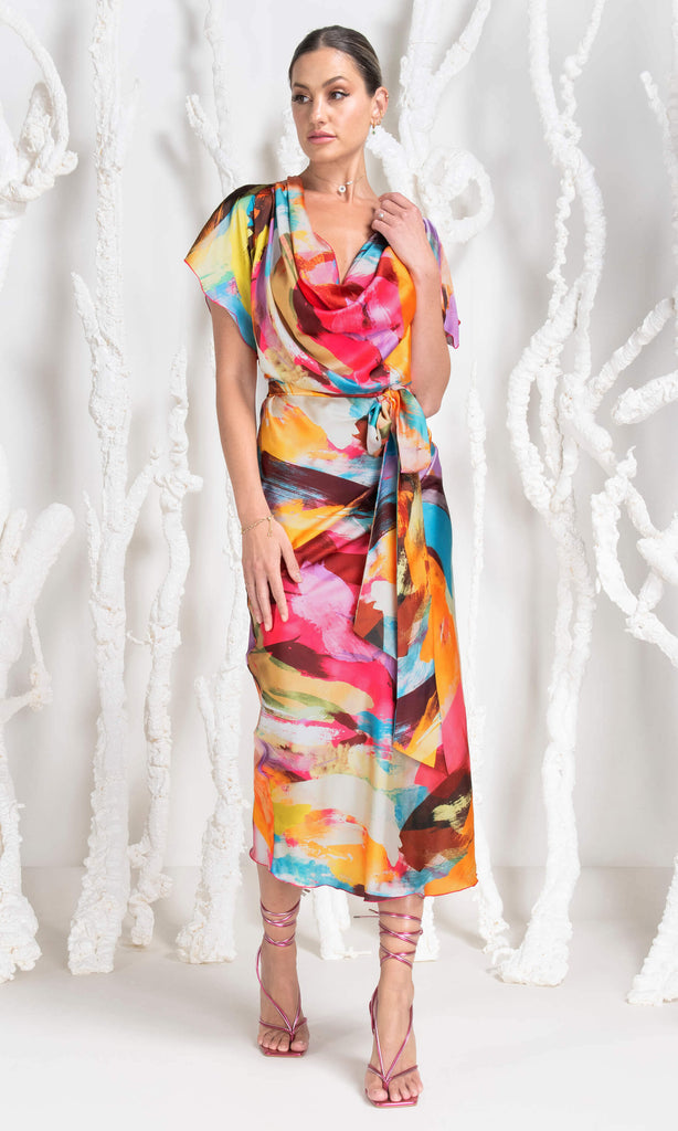 Kevan Jon Emmie Pink Multicolour Abstract Satin Occasion Dress - Fab Frocks Boutique