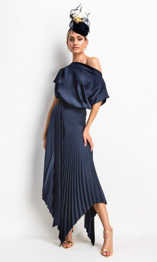 Kevan Jon Mila Navy Blue Pleat Knee Length Occasion Dress - Fab Frocks