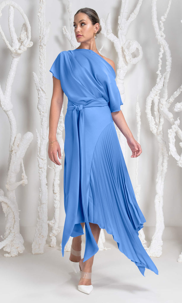 Kevan Jon Mila New Blue Pleat Knee Length Occasion Dress - Fab Frocks