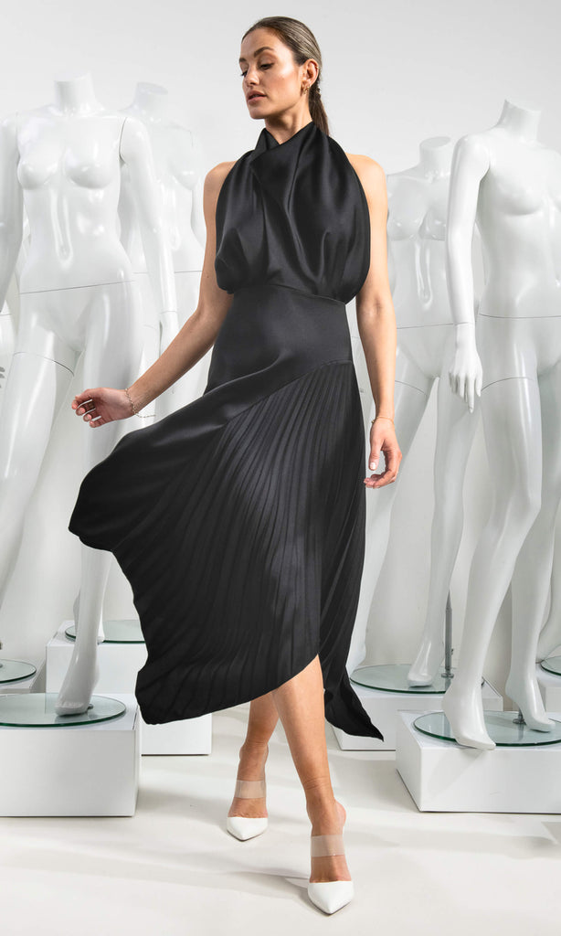 Kevan Jon Perla Black Cowl Neck Satin Crepe Knee Length Dress - Fab Frocks