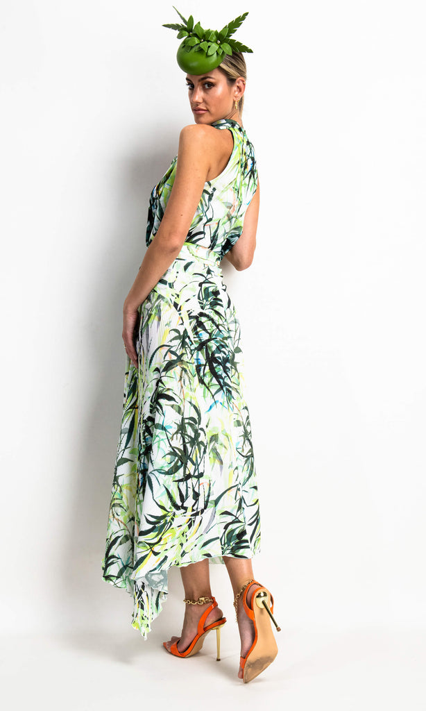 Kevan Jon Perla Cowl Green Bamboo Crepe Sleeveless Midi Dress - Fab Frocks