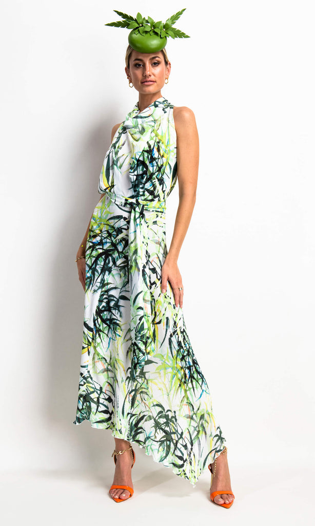 Kevan Jon Perla Cowl Green Bamboo Crepe Sleeveless Midi Dress - Fab Frocks