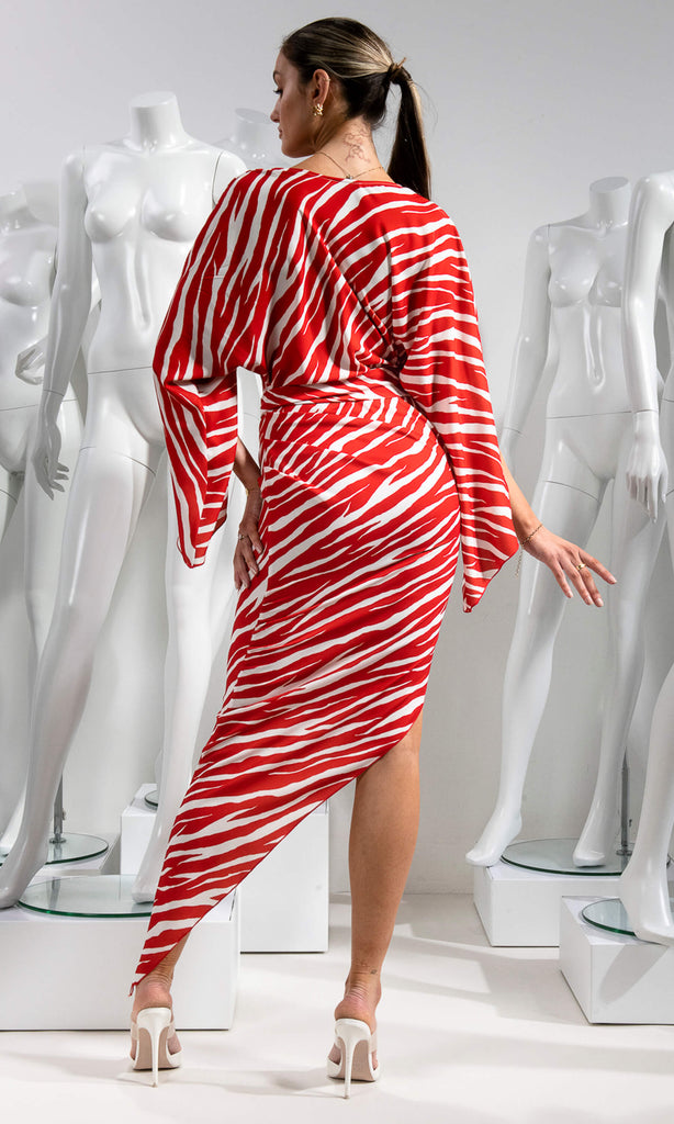 Kevan Jon Selena Red Ivory Zebra Drape Asymmetric Dress - Fab Frocks