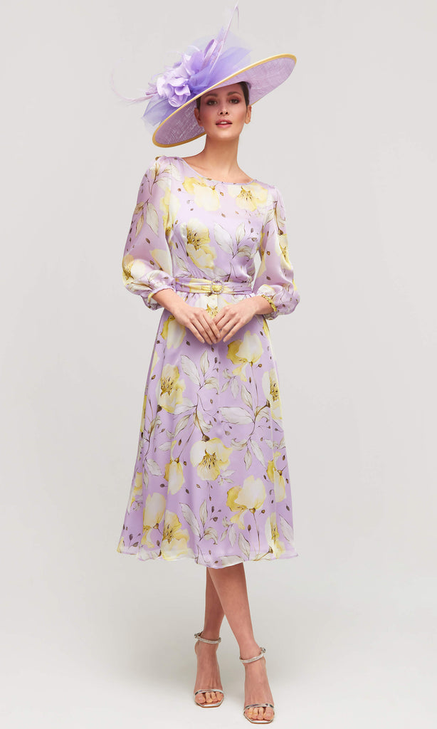 Luis Civit D811 Mauve Floral Midi Occasion Dress With Sleeves - Fab Frocks