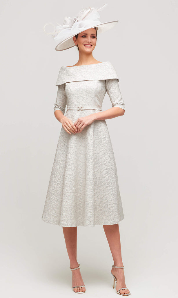 Luis Civit D826 Silver Grey Bardot Neckline Midi Occasion Dress - Fab Frocks