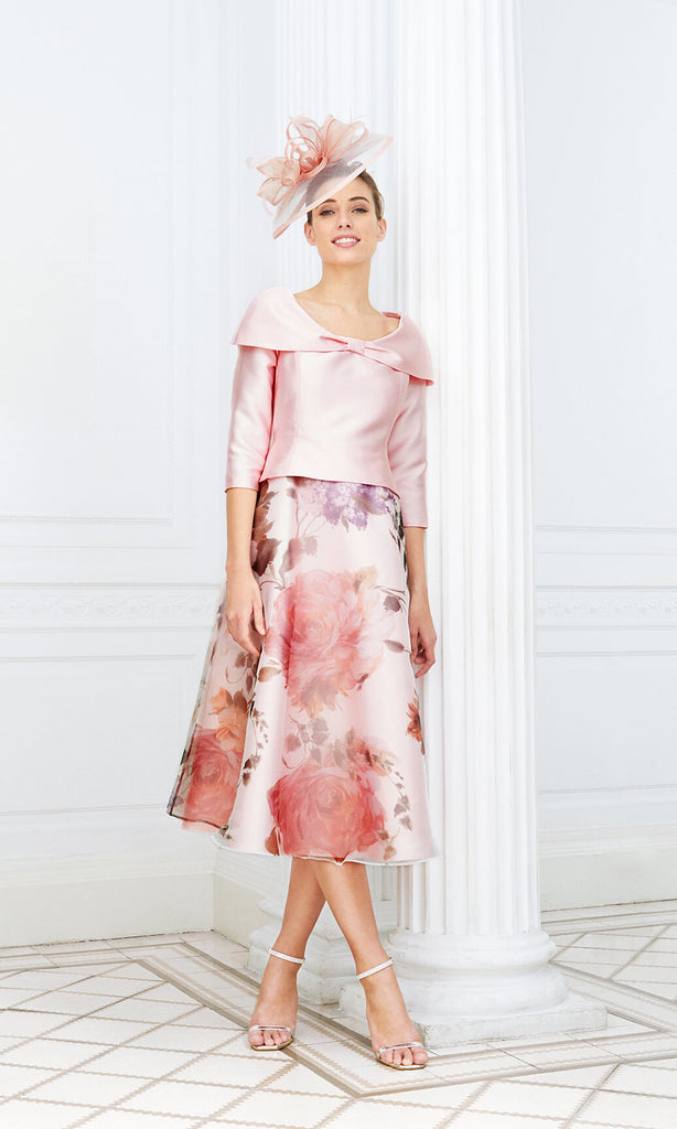 D807 Pink Luis Civit Print Dress With Bardot Neckline - Fab Frocks