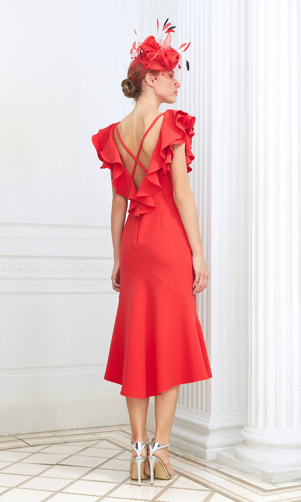 D892 Coral Luis Civit Ruffle Special Occasion Dress - Fab Frocks