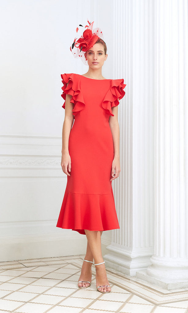 D892 Coral Luis Civit Ruffle Special Occasion Dress - Fab Frocks
