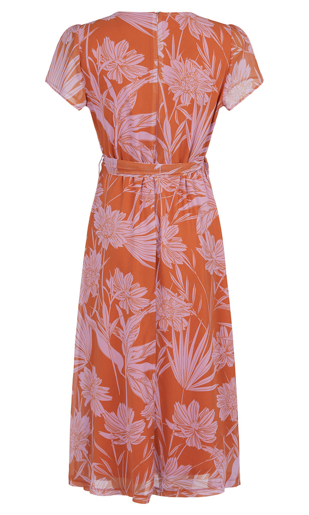 Molly Jo 7841-71135 Tan Lilac Flower Print Wrap Style Dress - Fab Frocks