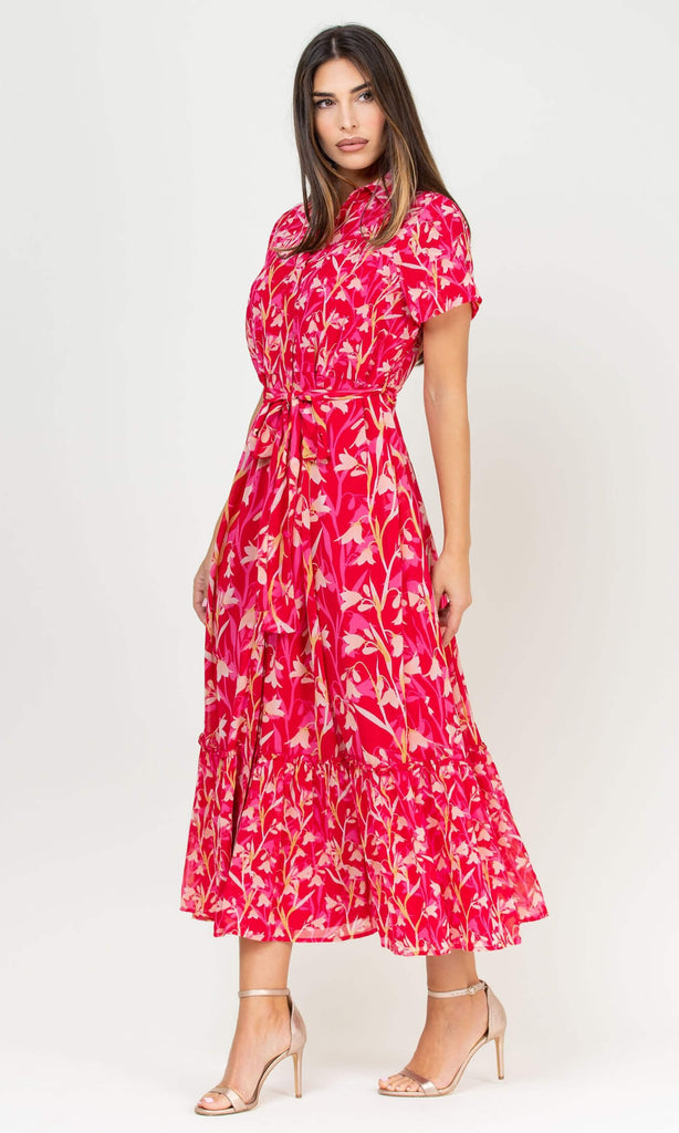 Niza 911501 Fuchsia Pink Floral Midi Shirt Dress - Fab Frocks