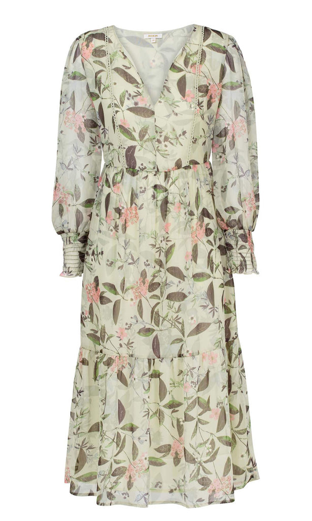 Niza 911850 Green Floral Tie Neck Dress With Sleeves - Fab Frocks