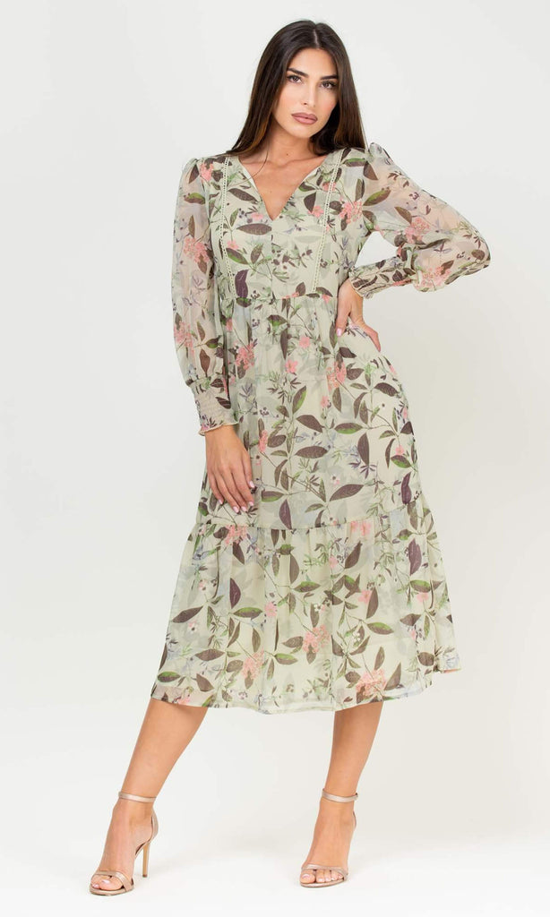 Niza 911850 Green Floral Tie Neck Dress With Sleeves - Fab Frocks