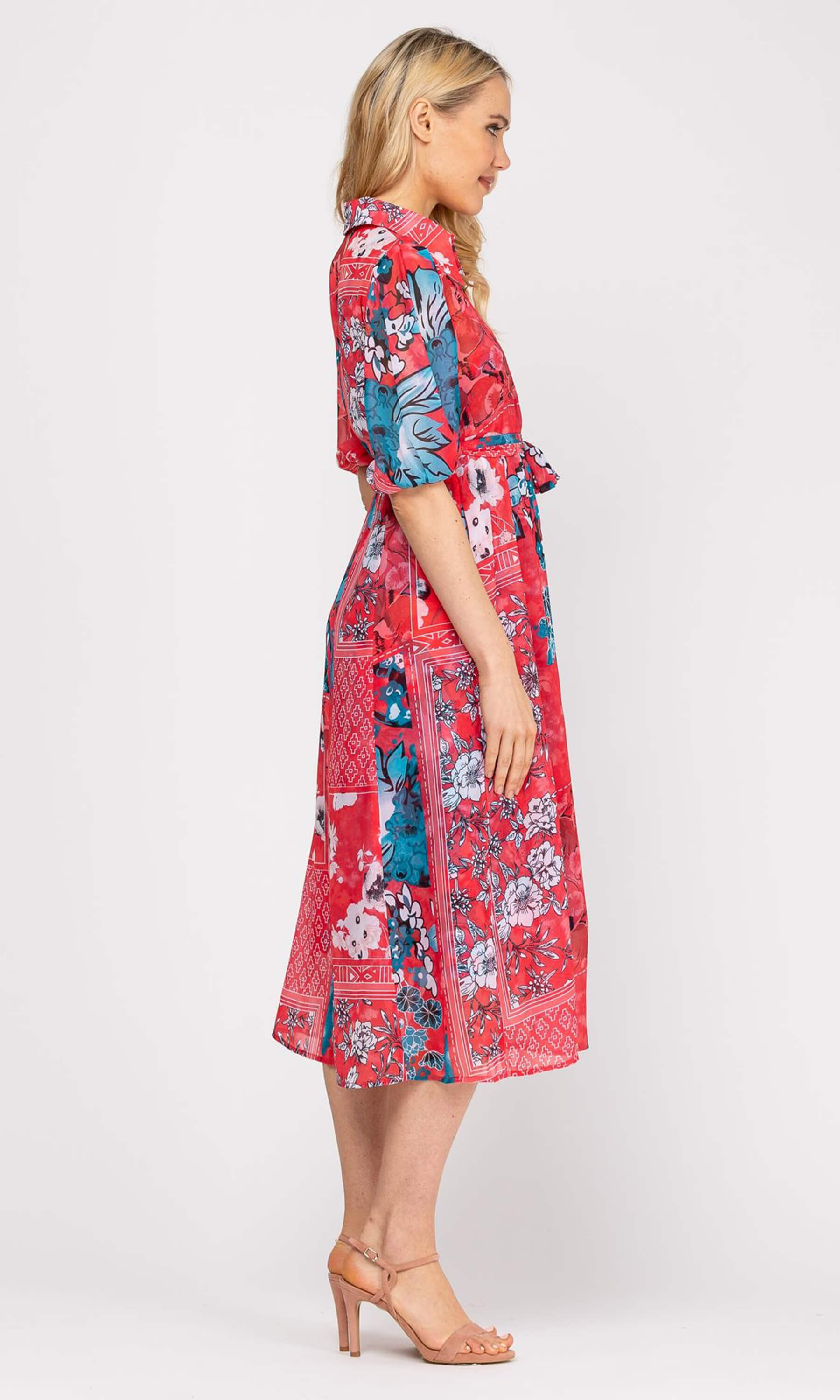Niza 921242 Coral Blue Floral Print Chiffon Shirt Dress With Sleeves