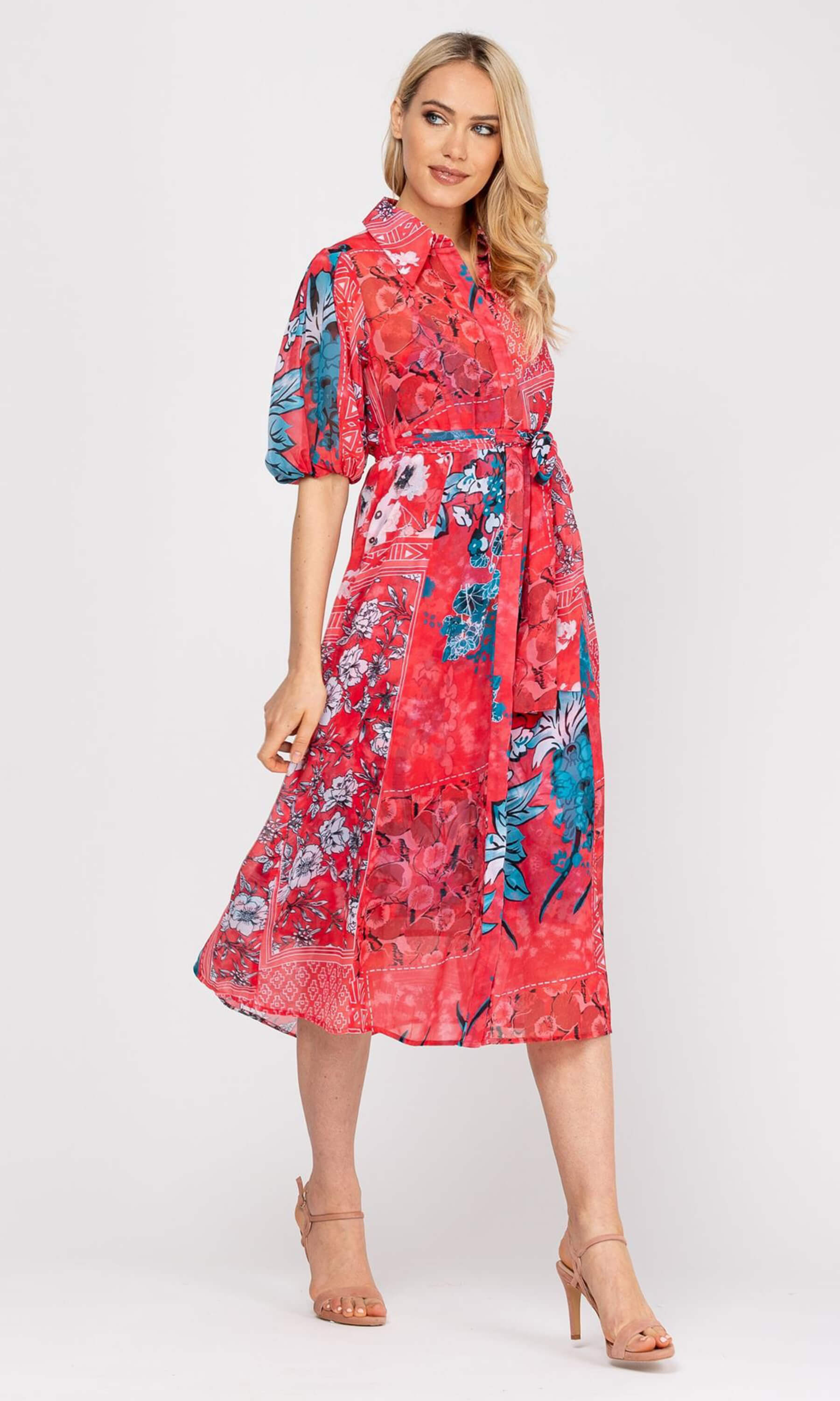 Coral mosaic georgette shop shirtdress