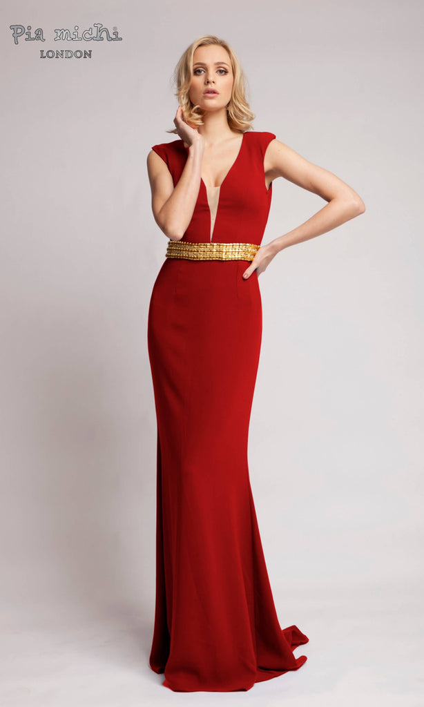 2749B Red Pia Michi Plunge Neck Evening & With Gold Belt - Fab Frocks
