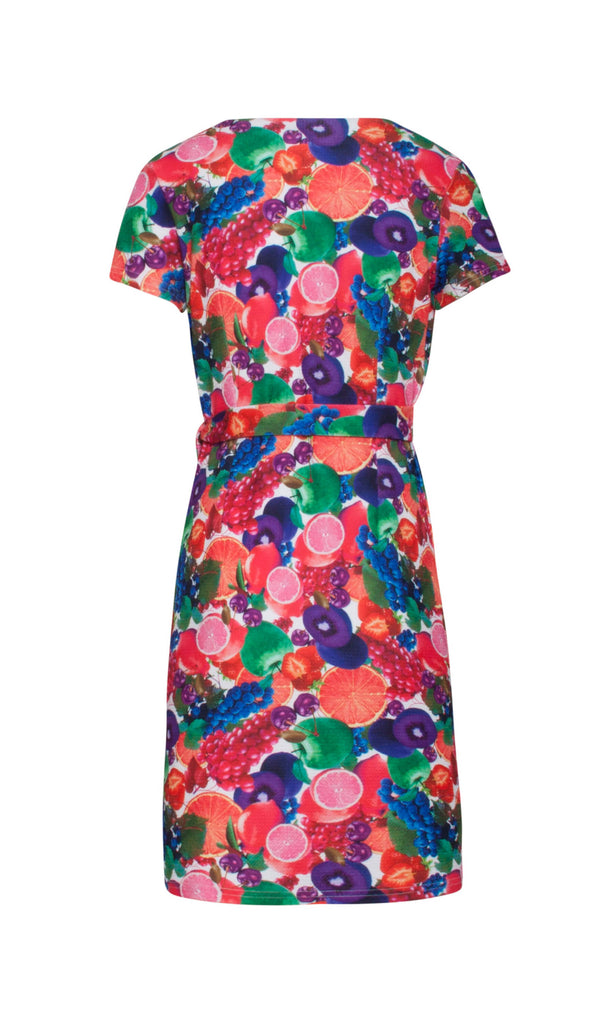 19052 Pink Smashed Lemon Fruit Print Wrap Style Day Dress - Fab Frocks