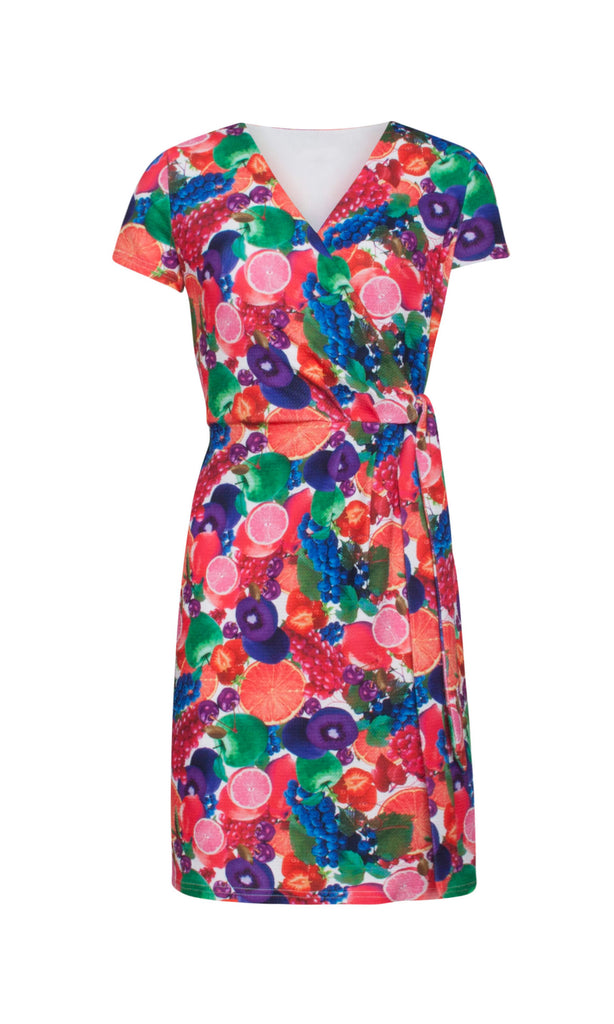 19052 Pink Smashed Lemon Fruit Print Wrap Style Day Dress - Fab Frocks