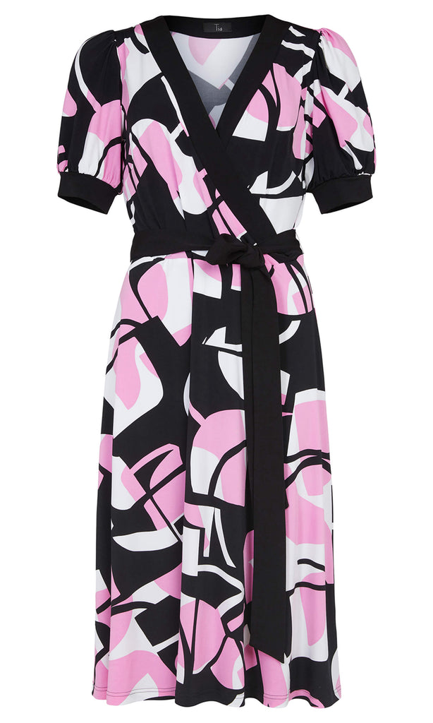 Tia 78474 Pink Black Block Print Wrap Dress - Fab Frocks