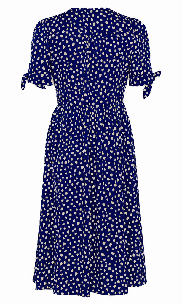 Tia 78476 Royal Blue Polka Midi Button Front Dress With Short Sleeves - Fab Frocks