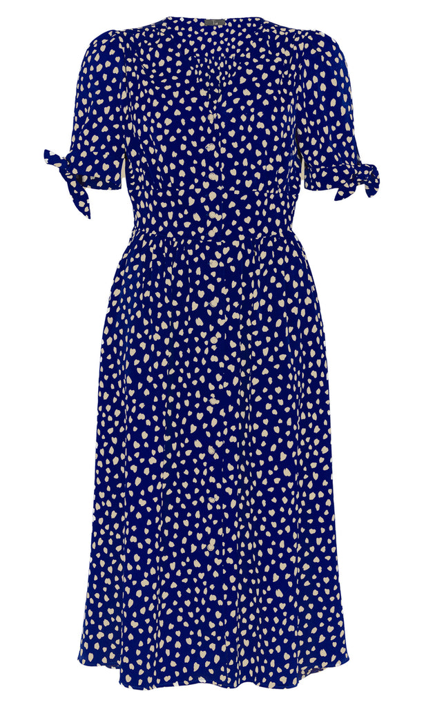 Tia 78476 Royal Blue Polka Midi Button Front Dress With Short Sleeves - Fab Frocks