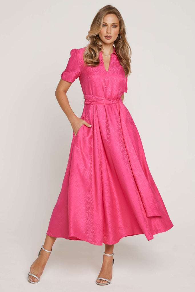 Tia 78603 7585 Fuchsia Pink V-Neck Short Sleeve Midi Dress - Fab Frocks