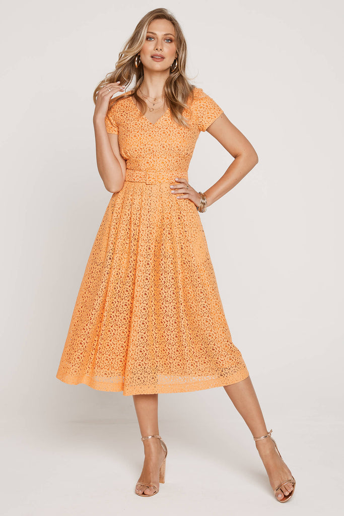 Tia 78606 7587 Tangerine Lace Midi Short Sleeve Dress - Fab Frocks