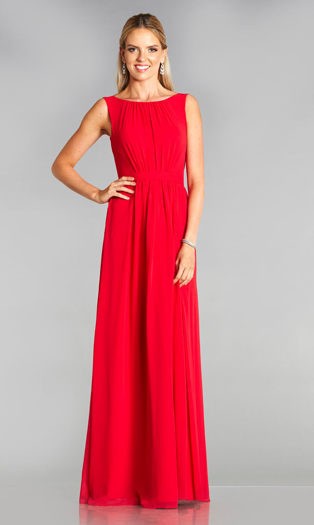 Maria* Red Tiffanys Plain Prom Dress With High Neck - Fab Frocks