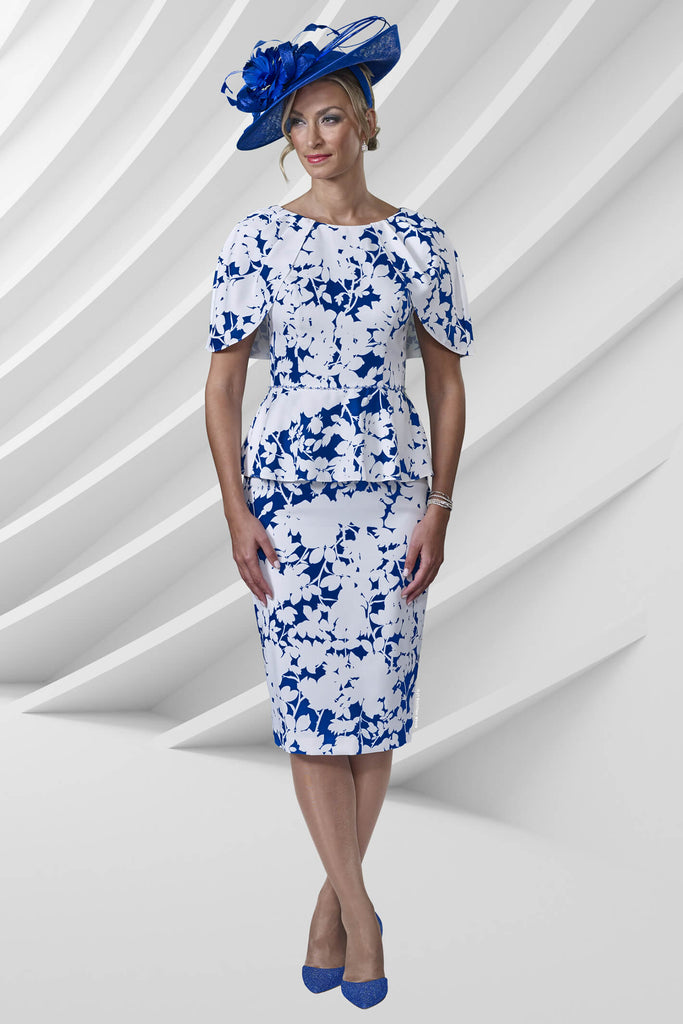 Veromia Occasions VO9165 Cobalt Blue Ivory Print Peplum Cape Dress - Fab Frocks Boutique