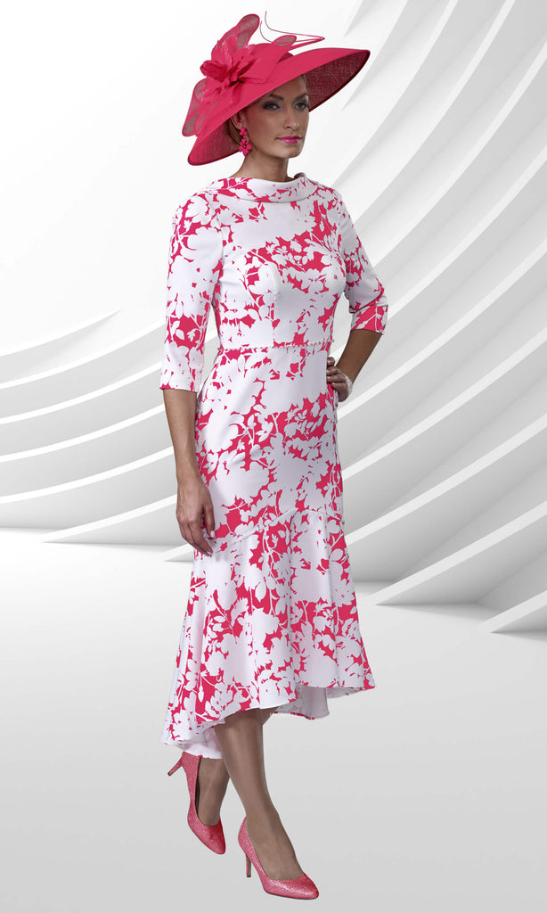 Veromia Occasions VO9166 Lipstick Pink Ivory Print Hi-Lo Midi Dress - Fab Frocks