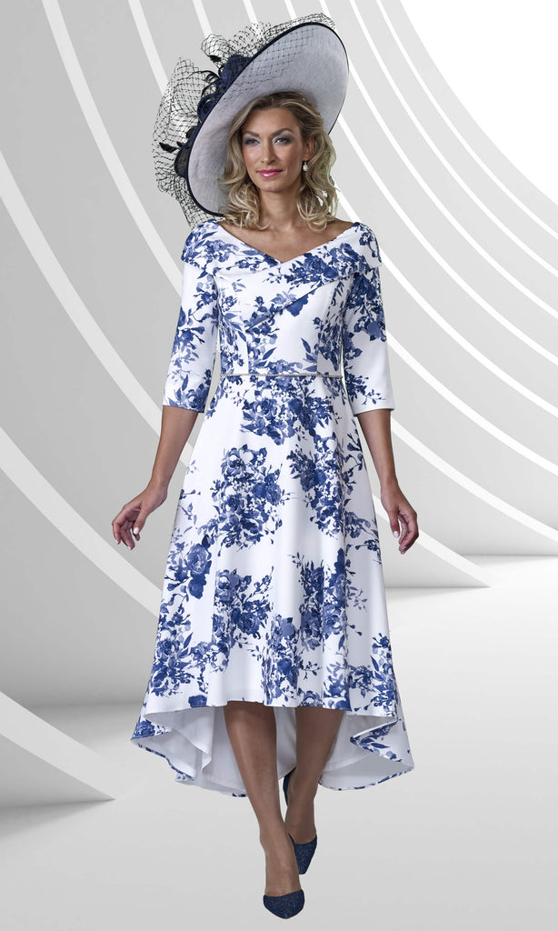 Veromia Occasions VO9192 Navy Ivory Print Hi-Lo Midi Dress - Fab Frocks Boutique