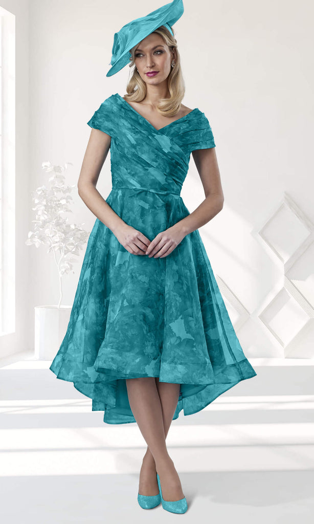 Veromia VO8130 Teal Print Chiffon Hi-Lo Midi Occasion Dress - Fab Frocks